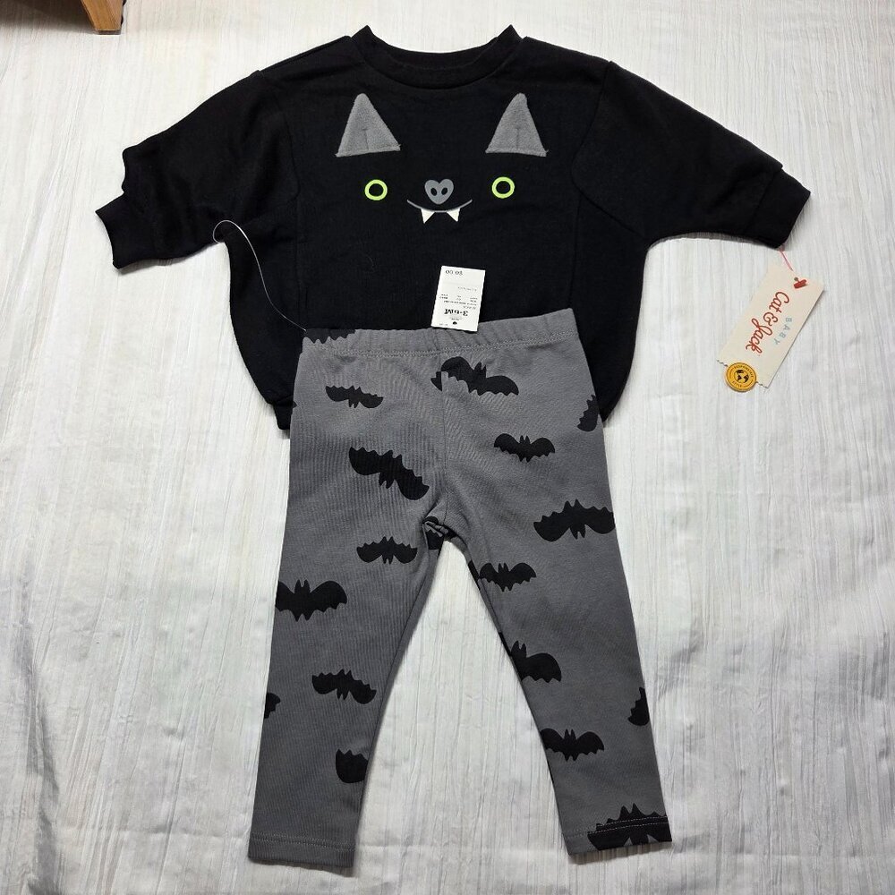 Cat & Jack 3-6m Black Gray Bat Face Top Pant Set Halloween Fall Costume